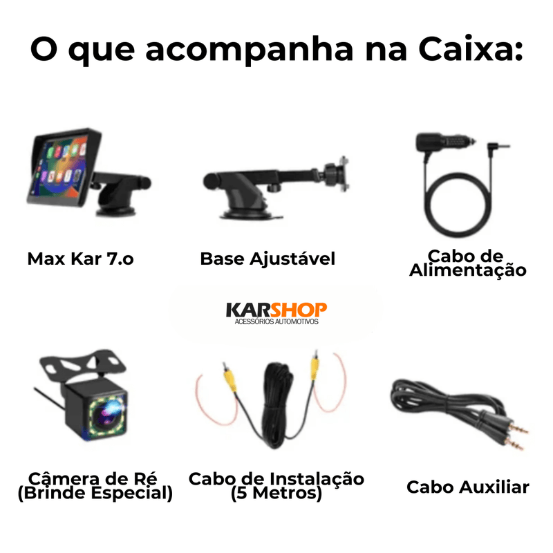 Max Kar - Tela Multímidia CarPlay e Android Auto + Câmera Ré de Brinde (PROMOÇÃO DE LANÇAMENTO)