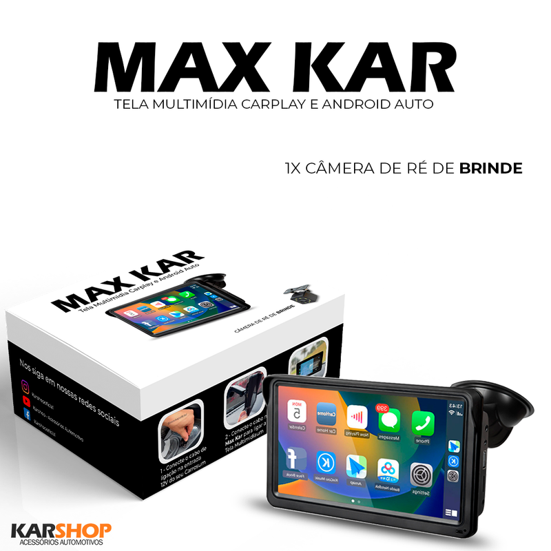 Max Kar - Tela Multímidia CarPlay e Android Auto + Câmera Ré de Brinde (PROMOÇÃO DE LANÇAMENTO)